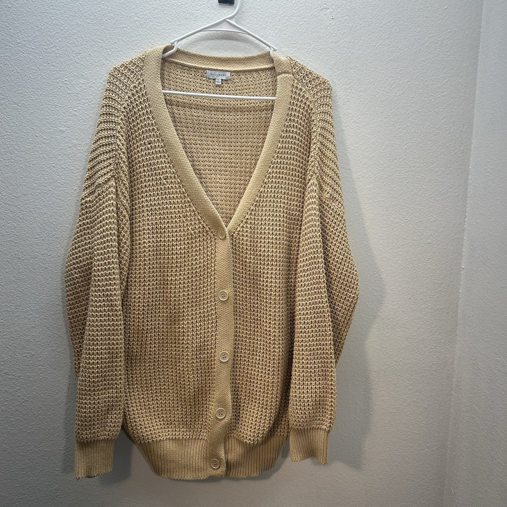 Qualfort‎ Women's L Tan 100% Cotton Button Down Cardigan Sweater Chunky Knit